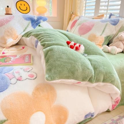 91家纺网 家纺一手货源 找家纺 川悦生活 2023新款立体雪花绒四件套 哈桑花-绿