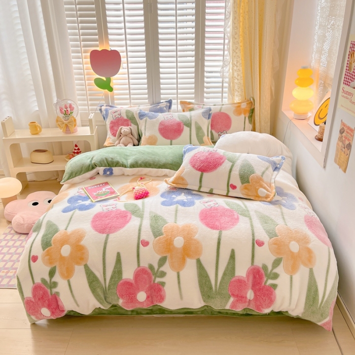 91家纺网 家纺一手货源 找家纺 川悦生活 2023新款立体雪花绒四件套 哈桑花-绿