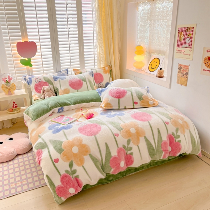 91家纺网 家纺一手货源 找家纺 川悦生活 2023新款立体雪花绒四件套 哈桑花-绿