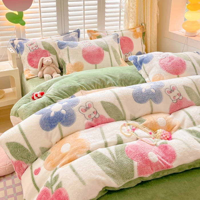 91家纺网 家纺一手货源 找家纺 川悦生活 2023新款立体雪花绒四件套 哈桑花-绿