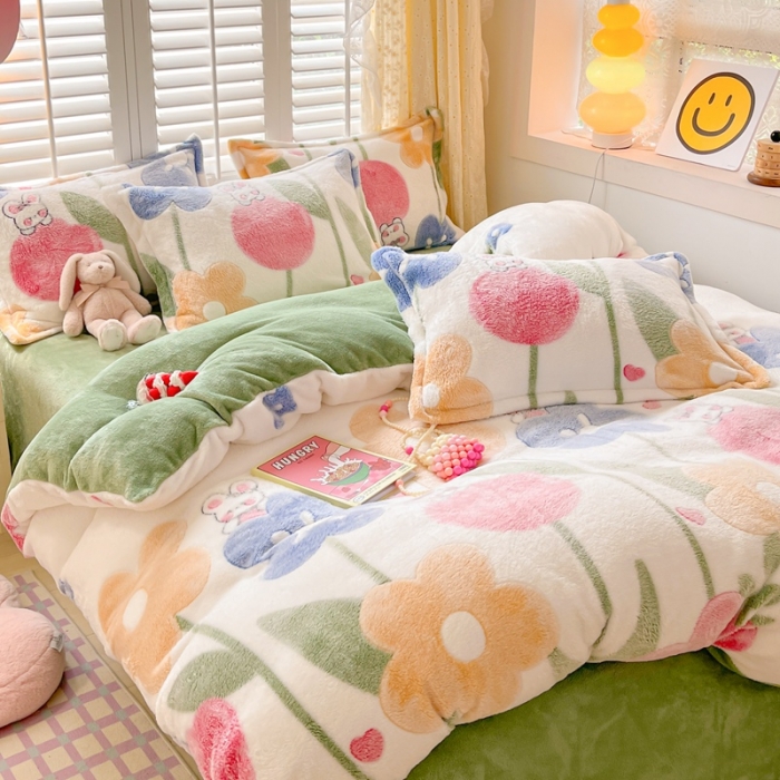 91家纺网 家纺一手货源 找家纺 川悦生活 2023新款立体雪花绒四件套 哈桑花-绿