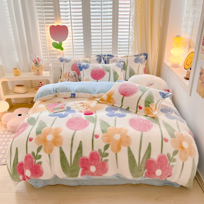 91家纺网 家纺一手货源 找家纺 川悦生活 2023新款立体雪花绒四件套 哈桑花-蓝