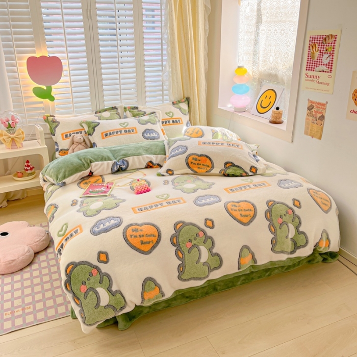 91家纺网 家纺一手货源 找家纺 川悦生活 2023新款立体雪花绒四件套 多乐恐龙