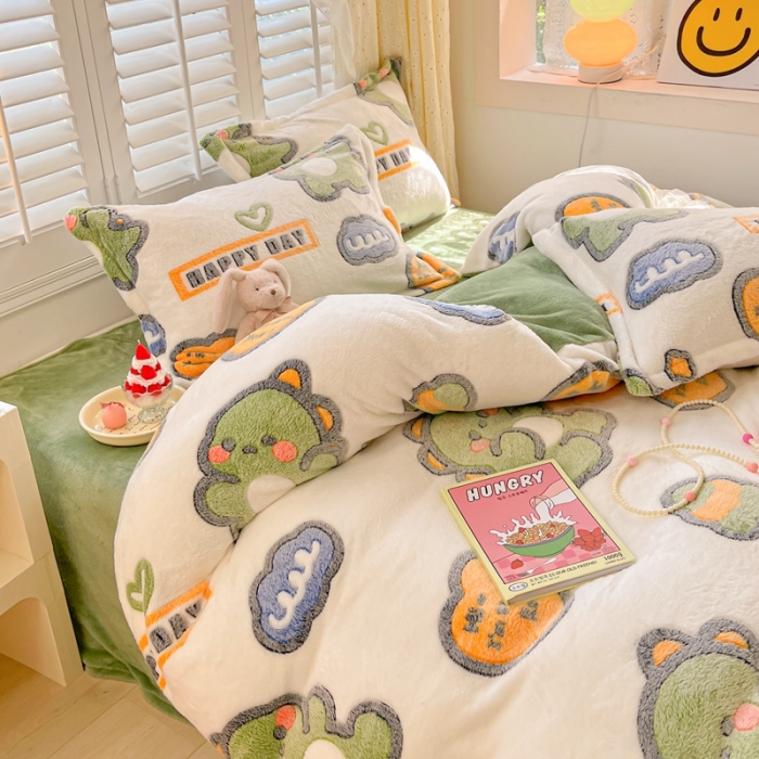 91家纺网 家纺一手货源 找家纺 川悦生活 2023新款立体雪花绒四件套 多乐恐龙