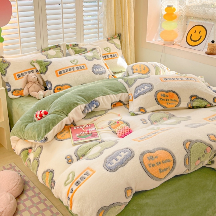 91家纺网 家纺一手货源 找家纺 川悦生活 2023新款立体雪花绒四件套 多乐恐龙