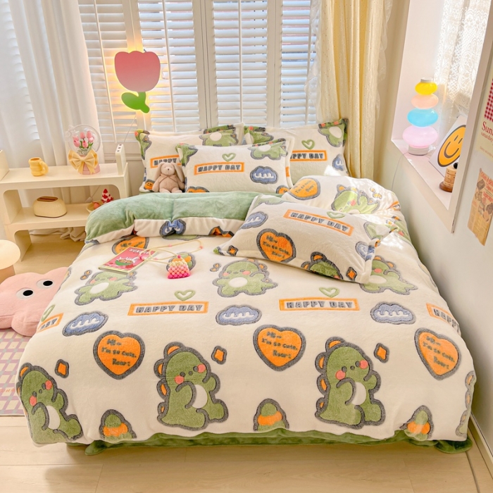 91家纺网 家纺一手货源 找家纺 川悦生活 2023新款立体雪花绒四件套 多乐恐龙