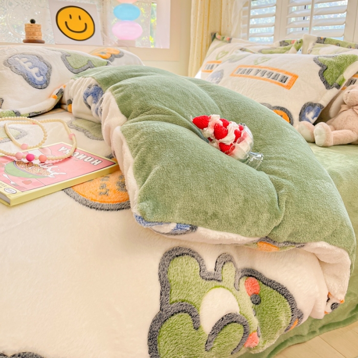 91家纺网 家纺一手货源 找家纺 川悦生活 2023新款立体雪花绒四件套 多乐恐龙