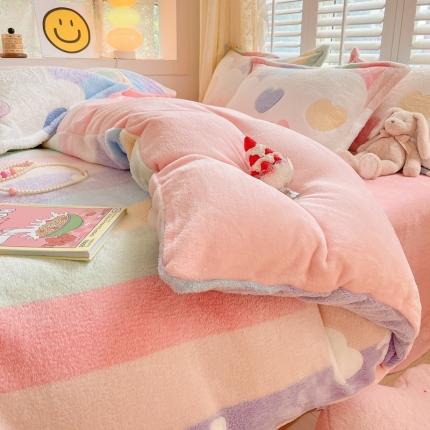 91家纺网 家纺一手货源 找家纺 川悦生活 2023新款立体雪花绒四件套 彩虹爱心粉