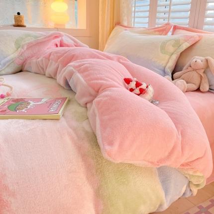 91家纺网 家纺一手货源 找家纺 川悦生活 2023新款立体雪花绒四件套 彩虹爱语-粉