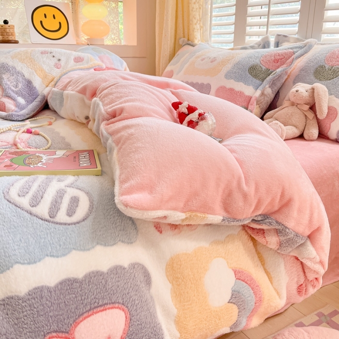 91家纺网 家纺一手货源 找家纺 川悦生活 2023新款立体雪花绒四件套 甜蜜日常粉