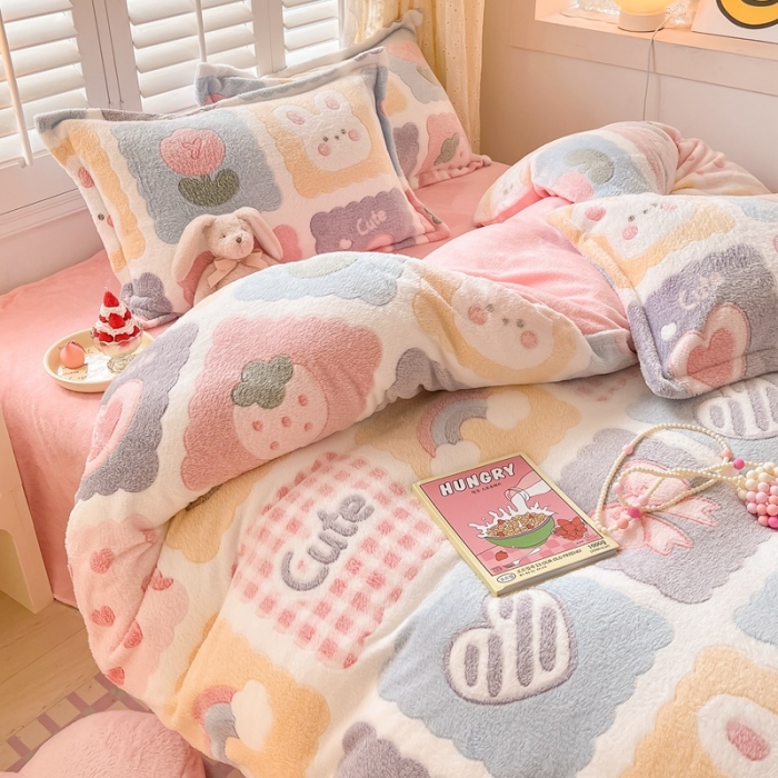 91家纺网 家纺一手货源 找家纺 川悦生活 2023新款立体雪花绒四件套 甜蜜日常粉