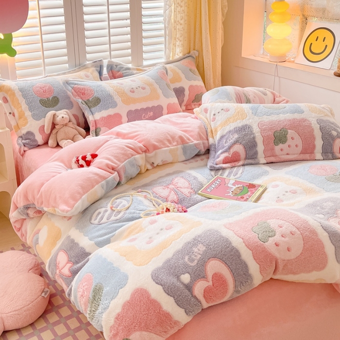 91家纺网 家纺一手货源 找家纺 川悦生活 2023新款立体雪花绒四件套 甜蜜日常粉