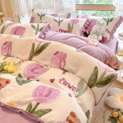 91家纺网 家纺一手货源 找家纺 (总）花漾家居 2023直播爆款小清新韩版花边牛奶绒四件套