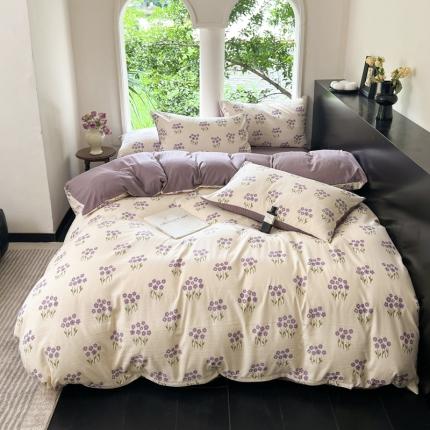 91家纺网 家纺一手货源 找家纺 2023新款直播爆款超柔提花小竺棉法式复古亲肤水洗四件套 薰衣草