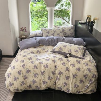 91家纺网 家纺一手货源 找家纺 2023新款直播爆款超柔提花小竺棉法式复古亲肤水洗四件套 小紫