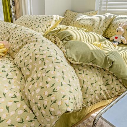 91家纺网 家纺一手货源 找家纺 优选2025直播爆款超柔提花有氧小竺棉双层纱四件套白荔绿