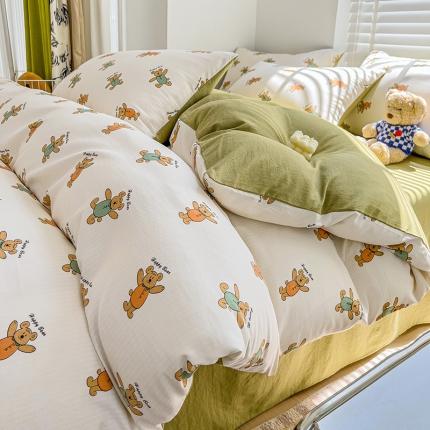 91家纺网 家纺一手货源 找家纺 优选 2023爆款新款超柔提花有氧小竺棉双层纱三件套四件套小熊派对