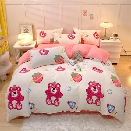 91家纺网 家纺一手货源 找家纺 （总）孩子王 2023新款直播小清新加厚牛奶绒法兰绒四件套