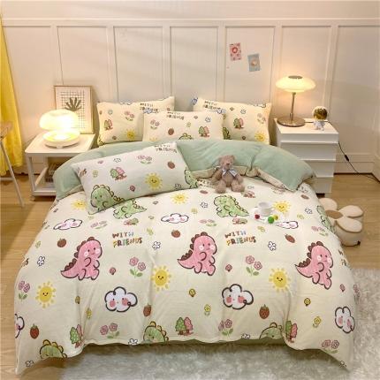 91家纺网 家纺一手货源 找家纺 （总）孩子王 2023新款直播小清新加厚牛奶绒法兰绒四件套