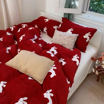 花沐 2023新款冬季复古小法式牛奶绒四件套 红兔小姐