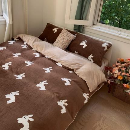 花沐 2023新款冬季复古小法式牛奶绒四件套 咖兔先生