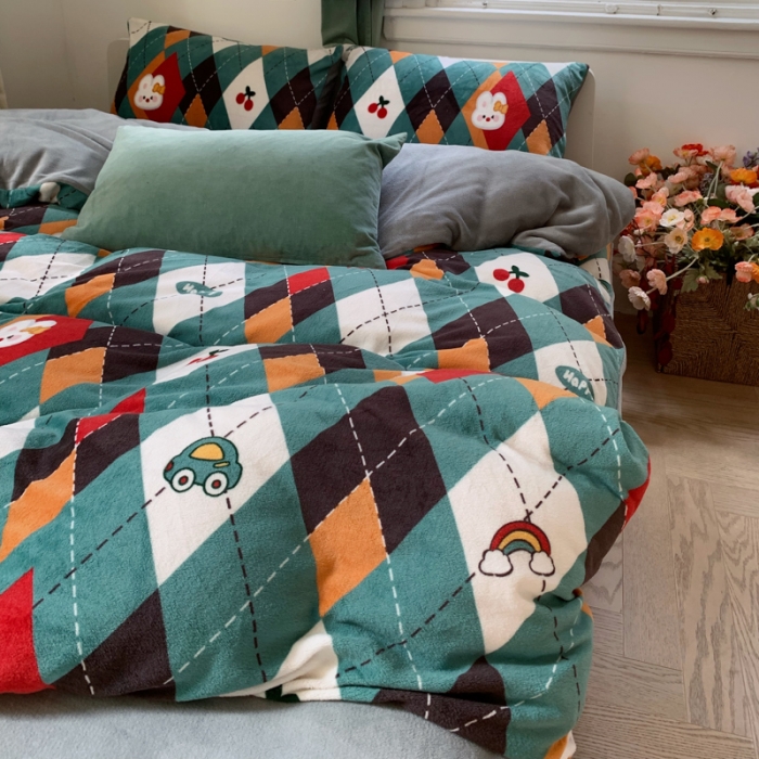 91家纺网 家纺一手货源 找家纺 花沐 2023新款冬季复古小法式牛奶绒四件套 菱形格