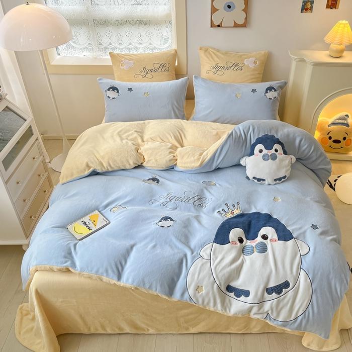 91家纺网 家纺一手货源 找家纺 绒梦里230克高克重加厚牛奶绒贴布绣花四件套冬季儿童卡通三件套保暖套件