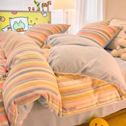 HL原创 2023新款印花牛奶绒四件套 彩虹条