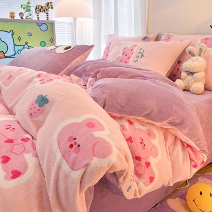 HL原创 2023新款印花牛奶绒四件套 多巴胺兔