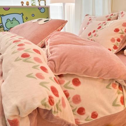 HL原创 2023新款印花牛奶绒四件套 粉黛佳人