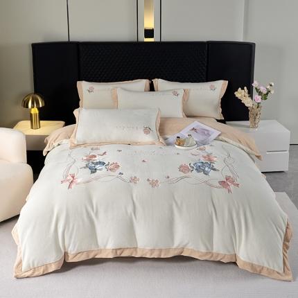 91家纺网 家纺一手货源 找家纺 凯艾玲 新款230克全消光A类牛奶绒四件套绣花系列