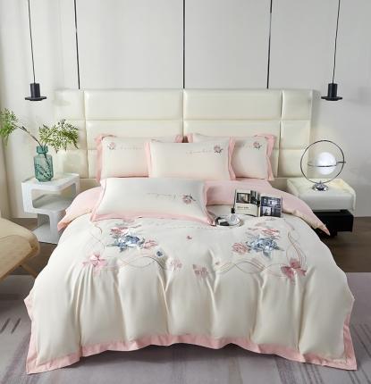 91家纺网 家纺一手货源 找家纺 凯艾玲 2023新款a类磨毛刺绣四件套 繁花之都樱花粉