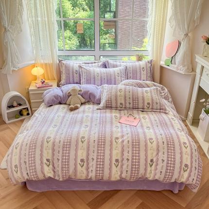 91家纺网 家纺一手货源 找家纺 沐棉 2023新款牛奶绒印花+小清新四件套 紫色浪漫