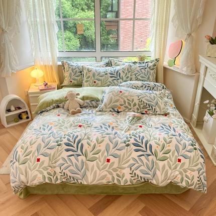 沐棉 2023新款牛奶绒印花+小清新四件套 繁花绿叶