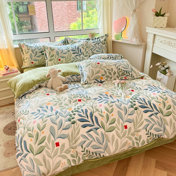 91家纺网 家纺一手货源 找家纺 沐棉 2023新款牛奶绒印花+小清新四件套 繁花绿叶