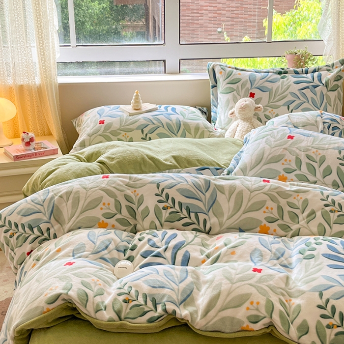 91家纺网 家纺一手货源 找家纺 沐棉 2023新款牛奶绒印花+小清新四件套 繁花绿叶