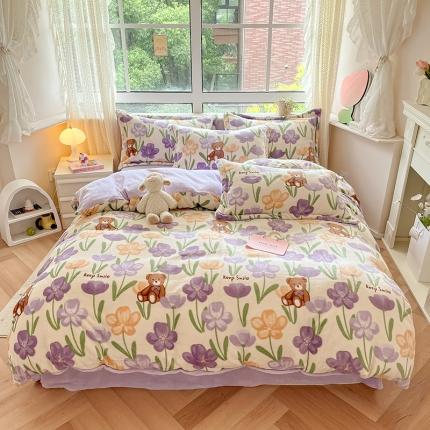 沐棉 2023新款牛奶绒印花+小清新四件套 花园小熊