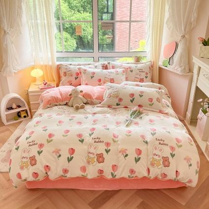 沐棉 2023新款牛奶绒印花+小清新四件套 幸运兔