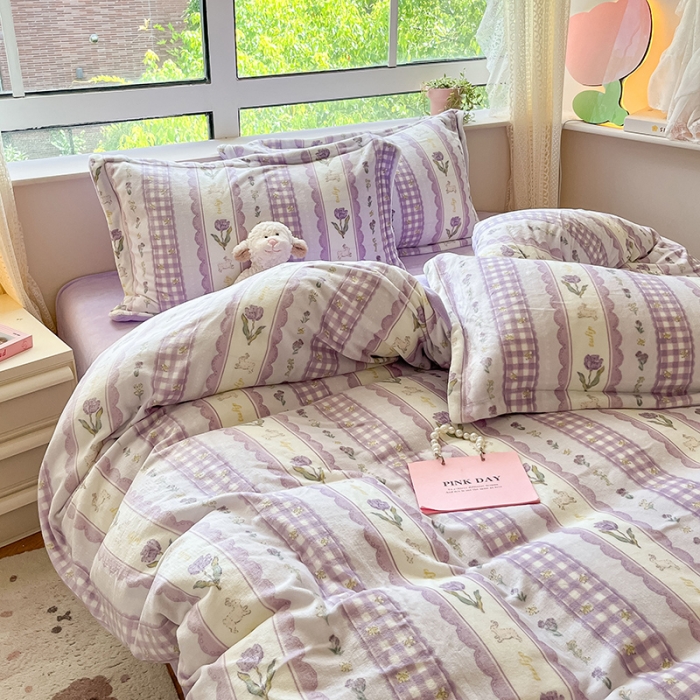 91家纺网 家纺一手货源 找家纺 沐棉 2023新款牛奶绒印花+小清新四件套 紫色浪漫