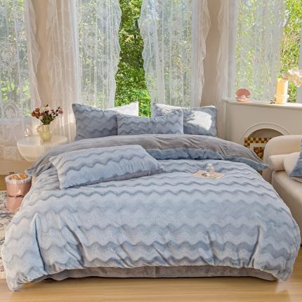 91家纺网 家纺一手货源 找家纺 铠畅 2023爆款320克A类獭兔毛立体剪花纯色牛奶绒四件套-大波浪 大波浪款-烟灰