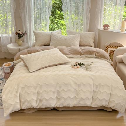 铠畅 2023爆款320克A类獭兔毛立体剪花纯色牛奶绒四件套-大波浪 大波浪款-奶白咖