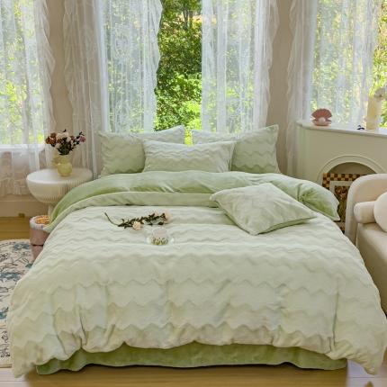 铠畅 2023爆款320克A类獭兔毛立体剪花纯色牛奶绒四件套-大波浪 大波浪款-奶油绿