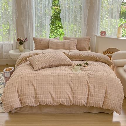 91家纺网 家纺一手货源 找家纺 总铠畅 2023爆款320克A类獭兔毛立体剪花纯色牛奶绒四件套-节节高