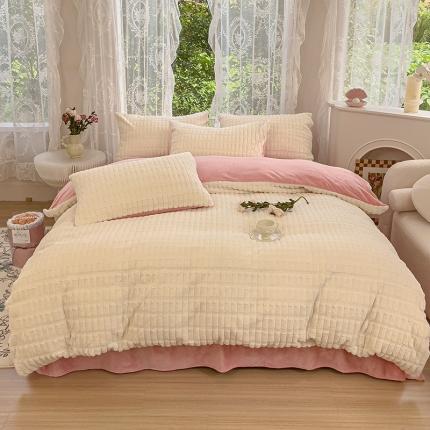 91家纺网 家纺一手货源 找家纺 铠畅 2023爆款320克A类獭兔毛立体剪花纯色牛奶绒四件套-节节高 节节高款-奶白粉