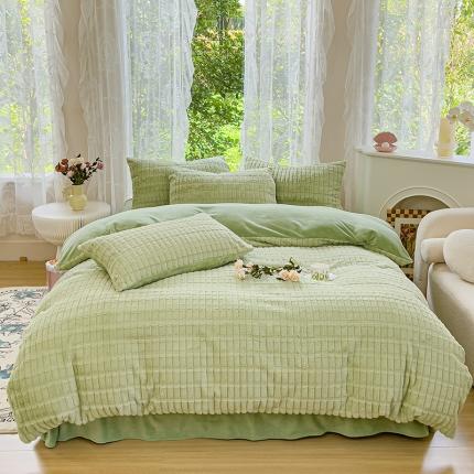 91家纺网 家纺一手货源 找家纺 铠畅 2023爆款320克A类獭兔毛立体剪花纯色牛奶绒四件套-节节高 节节高款-奶油绿