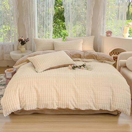 铠畅 2023爆款320克A类獭兔毛立体剪花纯色牛奶绒四件套-节节高 节节高款-奶白卡