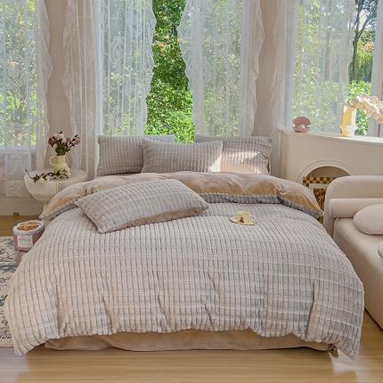 铠畅 2023爆款320克A类獭兔毛立体剪花纯色牛奶绒四件套-节节高 节节高款-烟灰卡