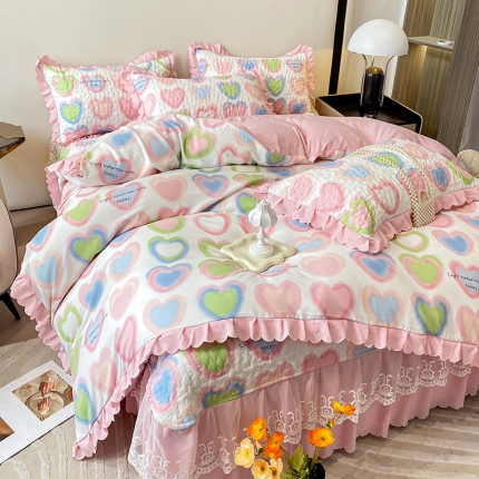 91家纺网 家纺一手货源 找家纺 漫布云2023新款秋冬夹棉床盖韩版公主风花边床罩加厚绗绣床裙四件套