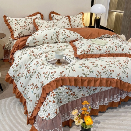 91家纺网 家纺一手货源 找家纺 漫布云2023新款秋冬夹棉床盖韩版公主风花边床罩加厚绗绣床裙四件套