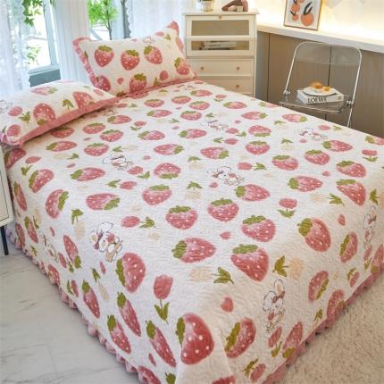 莱喜 2023新款牛奶绒印花花边床盖系列 H奶油草莓兔